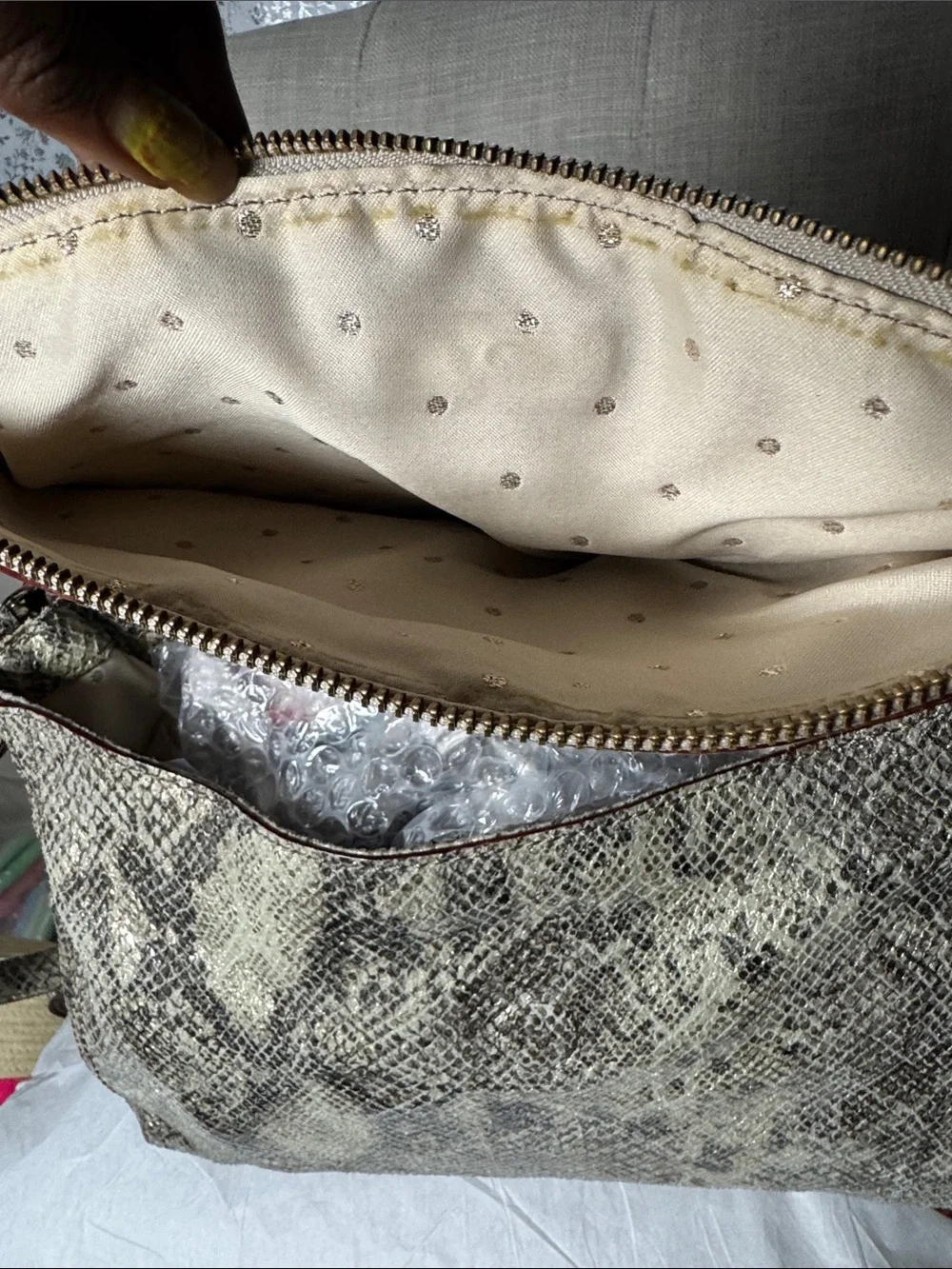 kate spade Snake-Print Shoulder and cross body Bag in Cream & Gray with Red Trim